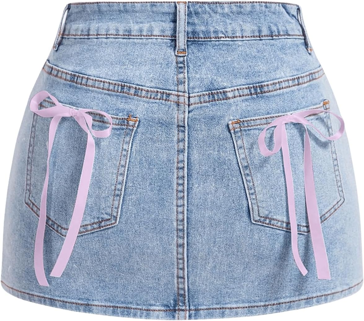 MakeMeChic Women's Denim Skirt High Waist Bow Pocket Bodycon Y2K Mini Jean Skirts