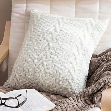 Decorative Cotton Knitted Pillow Case Double-Cable Warm Throw Pillow Cover for Bed Couch 18" X 18" Cover Only, White