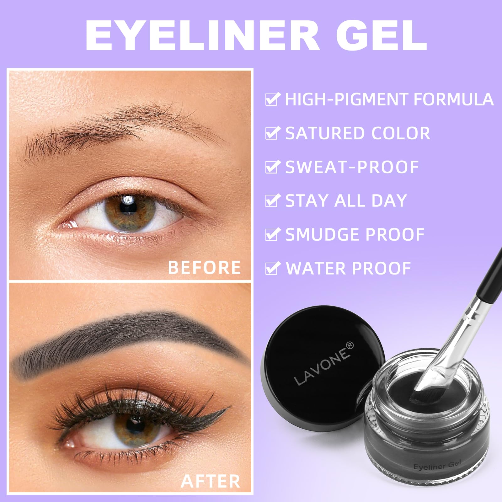Juego de delineador de ojos, kit de maquillaje impermeable con lápiz delineador líquido, delineador de ojos de gel y pincel delineador de ojos en ángulo, impermeable, resistente a las manchas 3