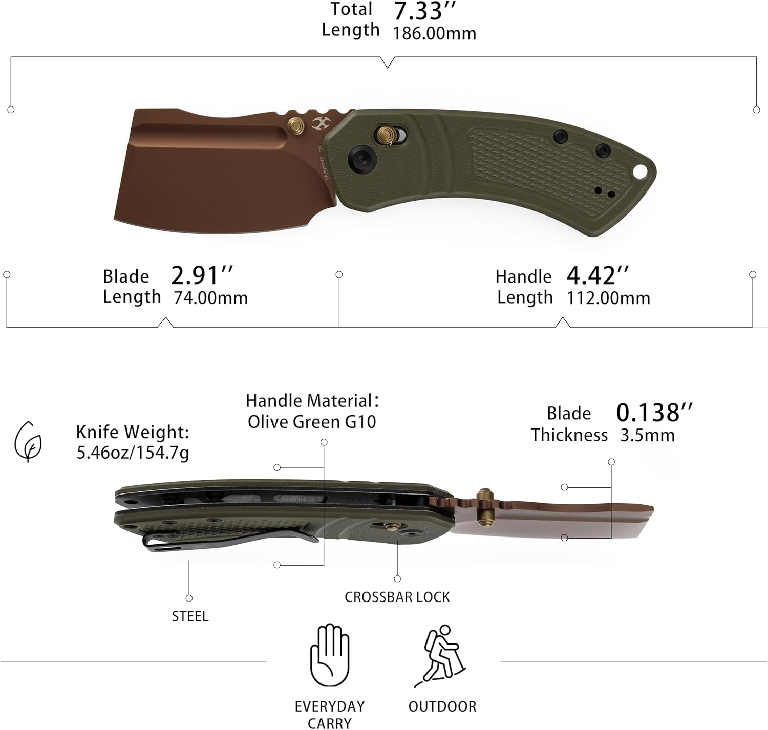 KANSEPT Korvid V Pocket Knife, 2.91''America Rose Gold Coated D2 Blade, Olive Green G10 Diamond Pattern Handle, Thumb Stud with Crossbar Lock,Double Sided Clip for EDC Camping Folding Knives TE2030V2