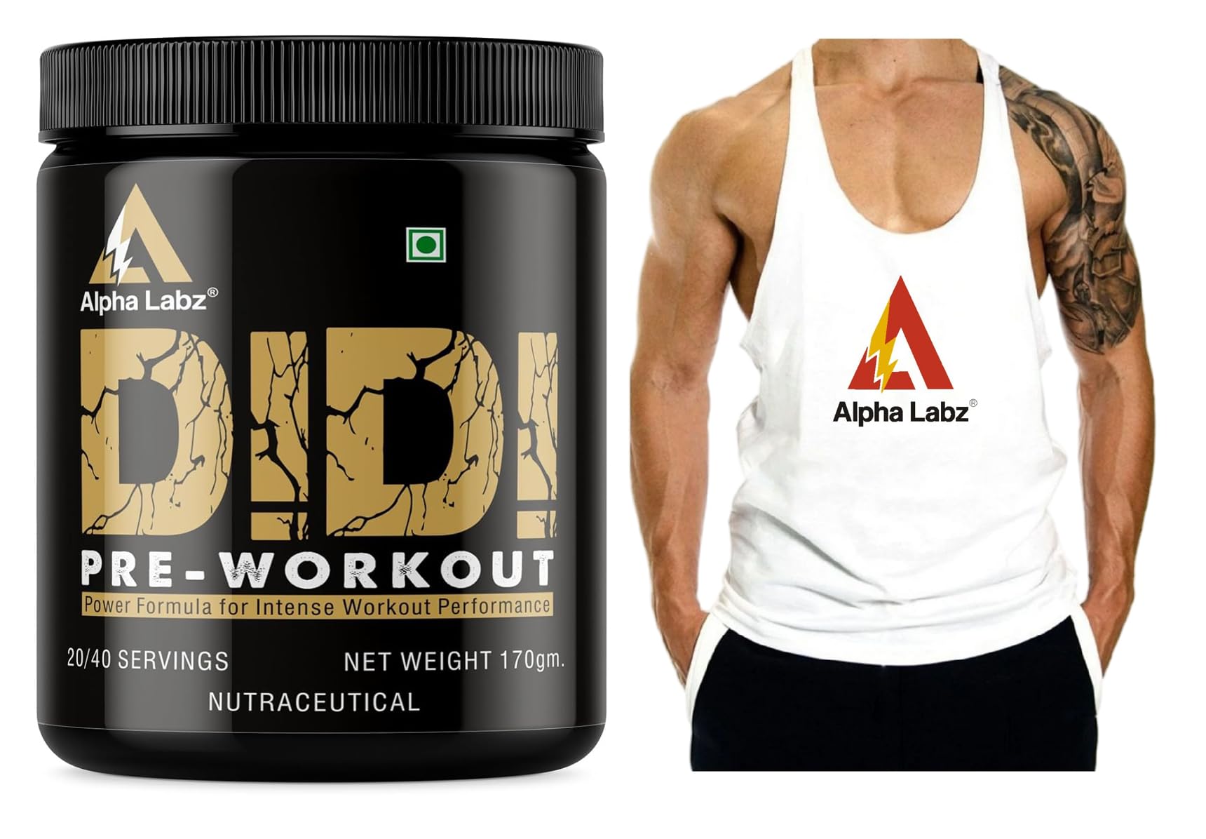 DIDI Pre-Workout Powder with Caffeine, Beta Alanine, Creatine and Citrulline for Workout Energy, Endurance and Focus | Sports Nutrition Pre Workout Supplement for Gym Training for Men and Women | 170 g, 40 Servings | Green Apple Flavor with White Regular Fit Vest