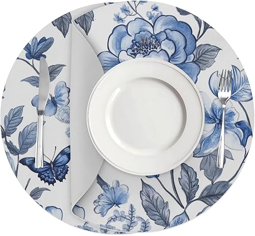 Miniatura 7 de Juego de 2 manteles individuales antideslizantes para mesa redonda, diseño de flores azules, para decoración de uso en interiores y exteriores