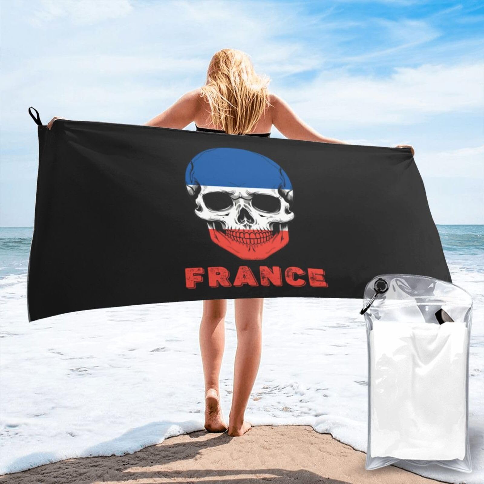 HACXZ Skull France Flag Lightweight Absorbent Beach Towel Microfiber Beach Towel 31.5"X63"