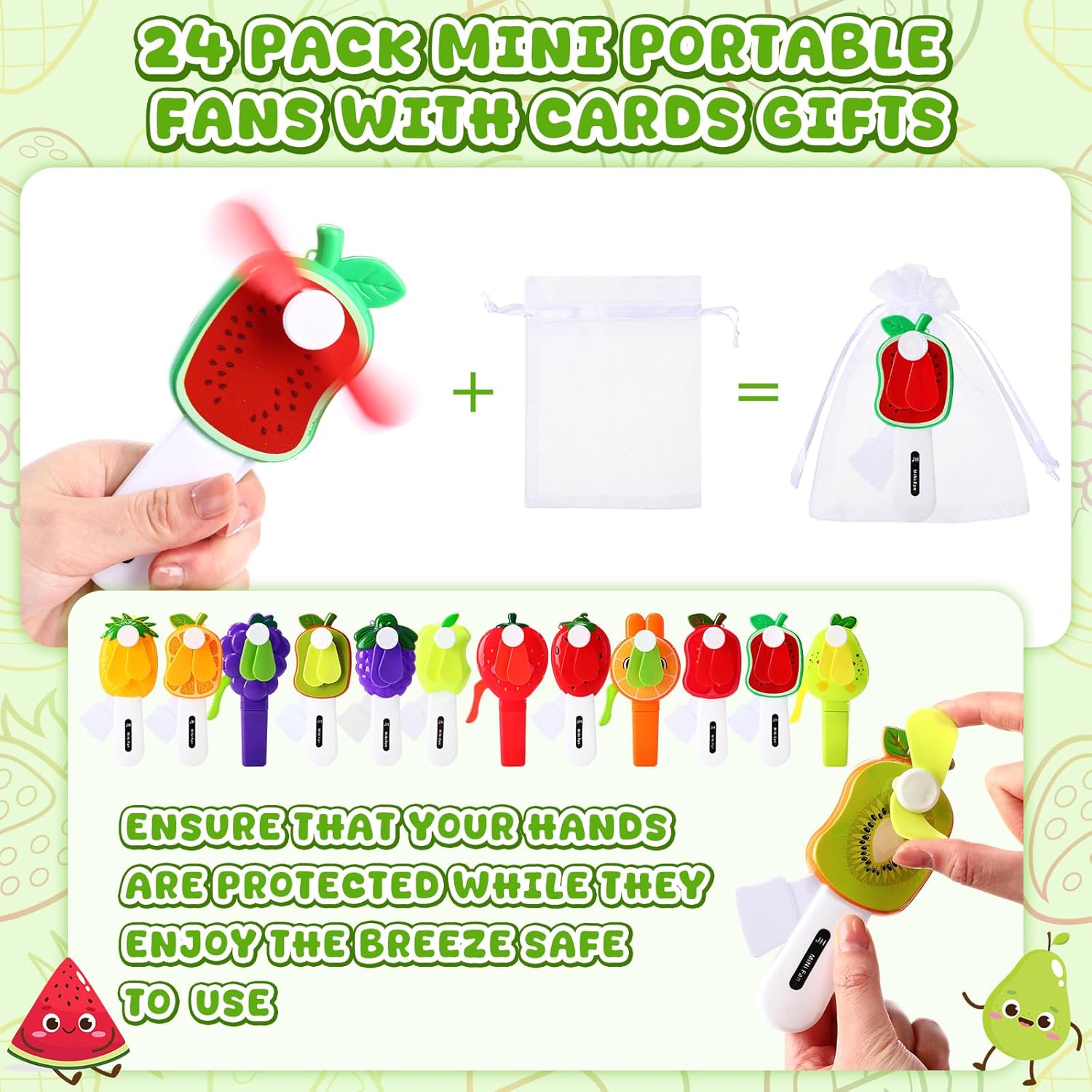 Glooglitter 24 Pack Mini Portable Fans with Cards Gifts Cute Fruits Handheld Press Cooling Fans for Summer Graduation End of the Year Pool Birthday Party Outdoor Activity Prize Exchange