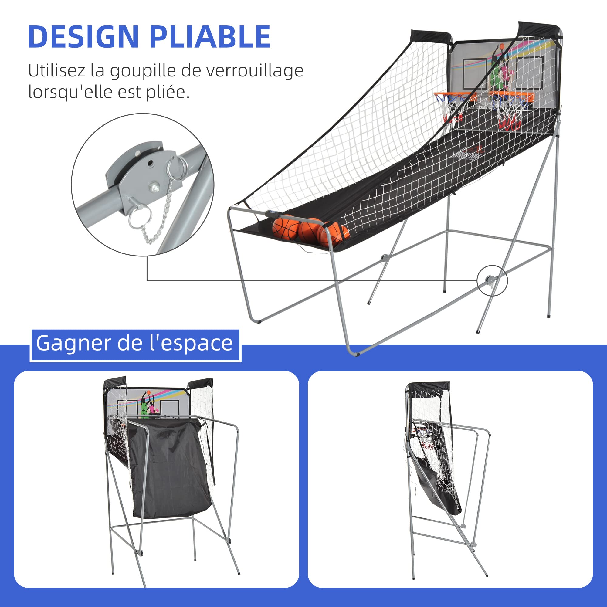 HOMCOM Jeu de Basketball Arcade Pliable à 2 Panier 4 balles Pompe de gonflage, Panier de Basketball avec système de pointage, 4 Bouton Fonctionnement et 8 Modes de Jeux, 205x110x205cm, Noir et Blanc