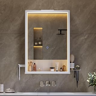 1-türiger LED-Spiegelschrank 50x78x18 cm | Steckdose, Touch-Sensor & 3 dimmbare Lichttemperaturen – inkl. Föhnhalter, Handtuchhalter & verstellbarem Einlegeboden