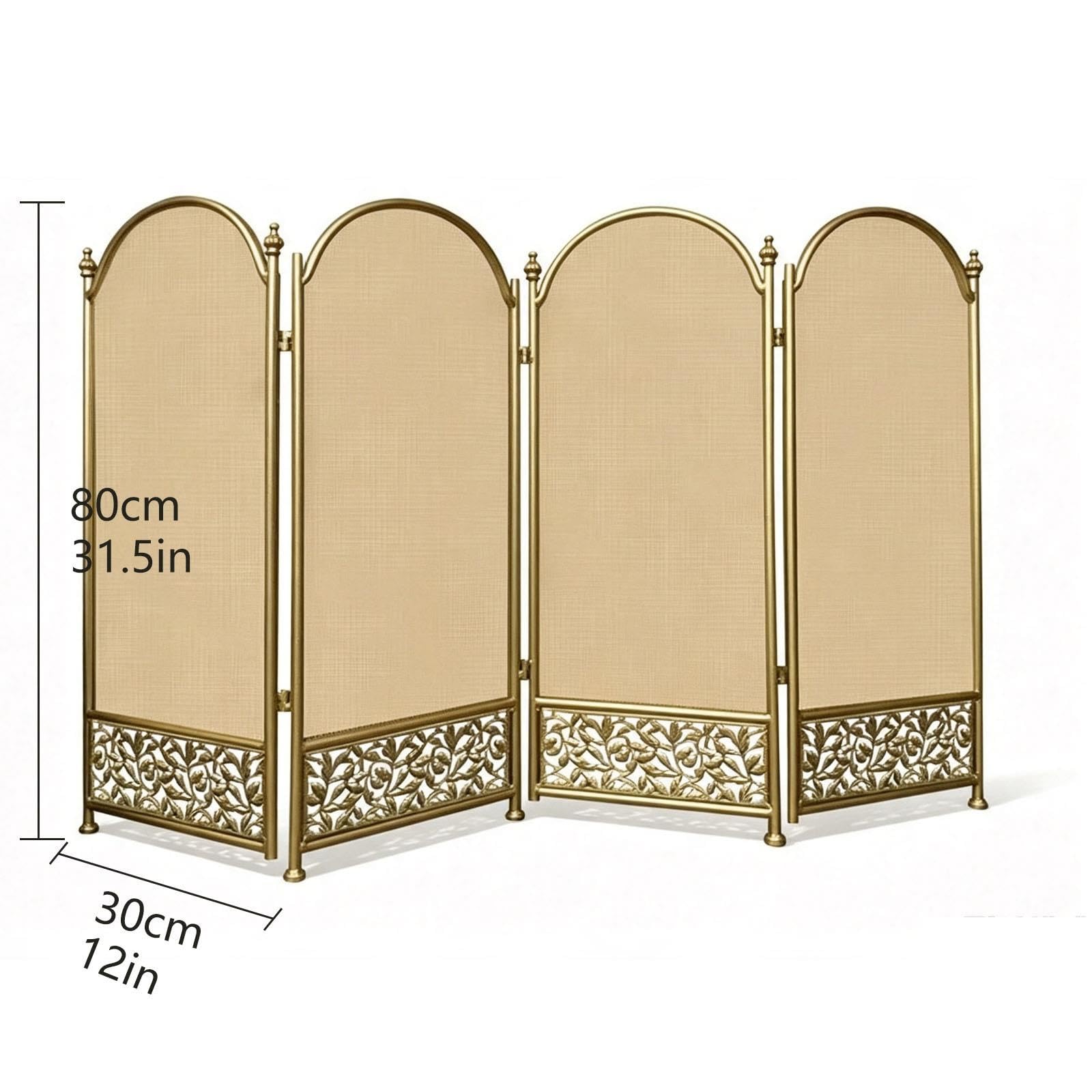 Parascintille per Camino 4 Pannelli, Robusto Parafuoco Autoportante | Protezione in Ferro Battuto, Rete Curva Antiscintille, Barriera Decorativa per Camino(Gold)