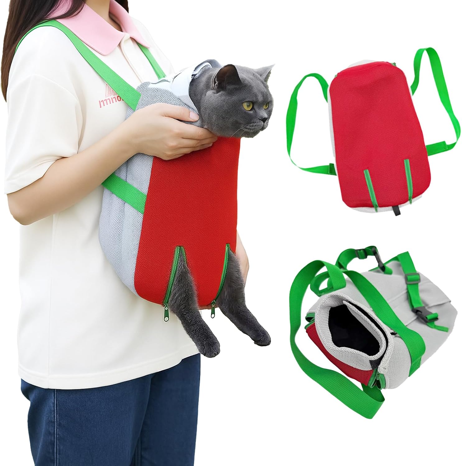 Cat Carrier Backpack, Lightweight Front Pet Carrier with Storage Pocket, Breathable Mesh Cat Travel Bag for Hiking & Walking, Hands-Free Cat Front Pack with Adjustable Straps, Red & Grey,M