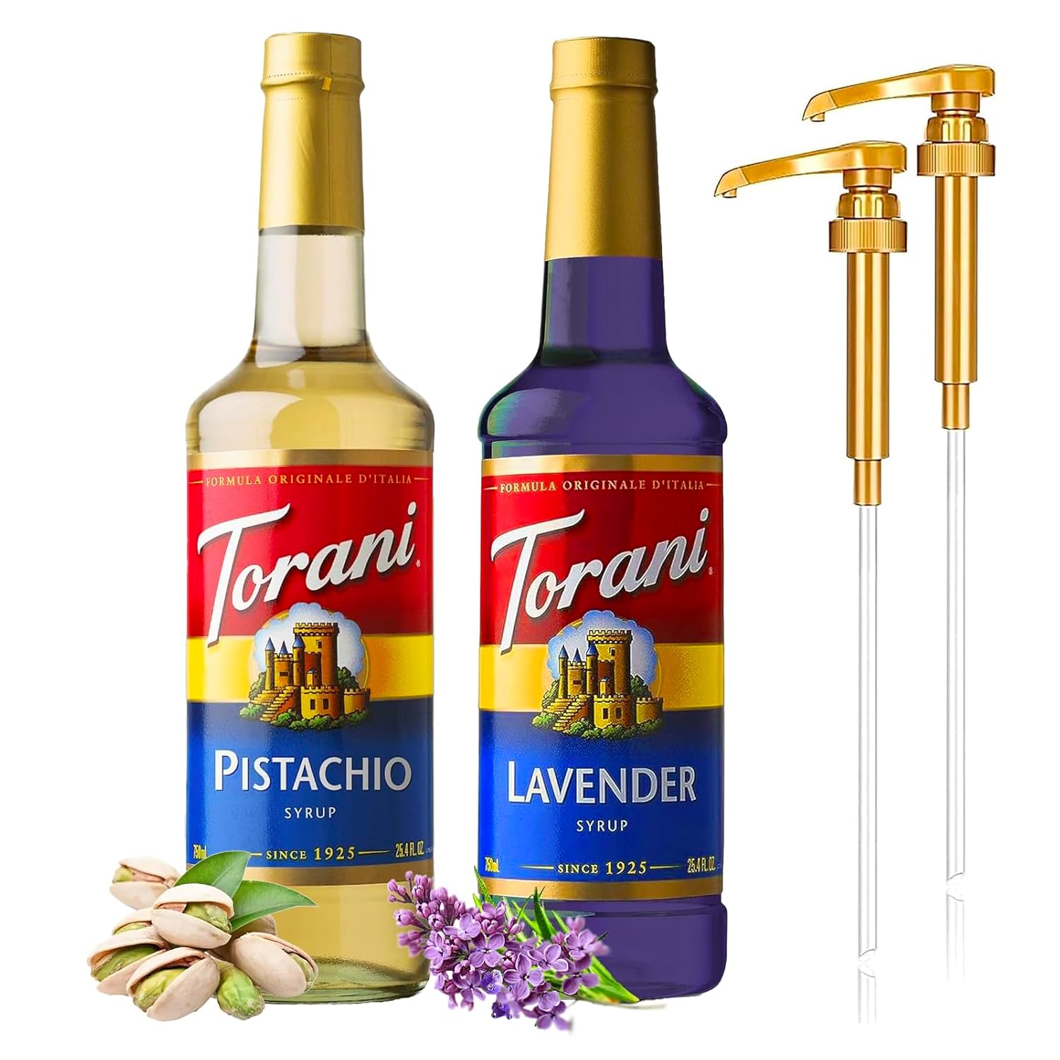 Premium Coffee Syrup Variety Pack Syrup for Coffee with 2 AlphaPantry Syrup Pump Dispenser Compatible with Torani Syrup 25.4 Ounces for Flavored Coffee (Lavender & Pistachio)