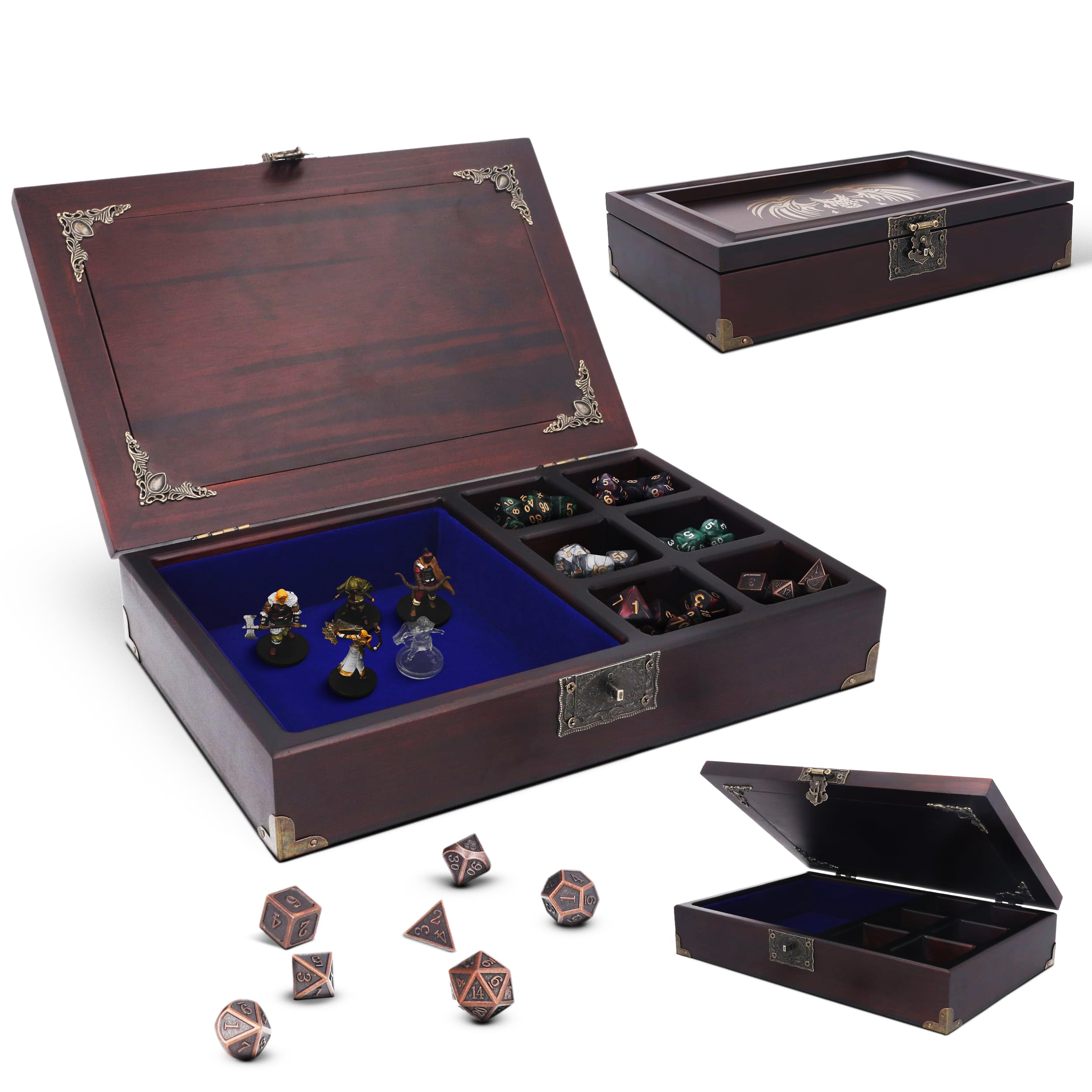 DND Würfeltablett 2-in-1 – DND-Würfel-Sets aus Metall mit einer Holzkiste – Würfelablage zum Rollen und Aufbewahren von Organizern | Würfeltablett für RPG-Tischspiele – Würfelbox für Dungeons