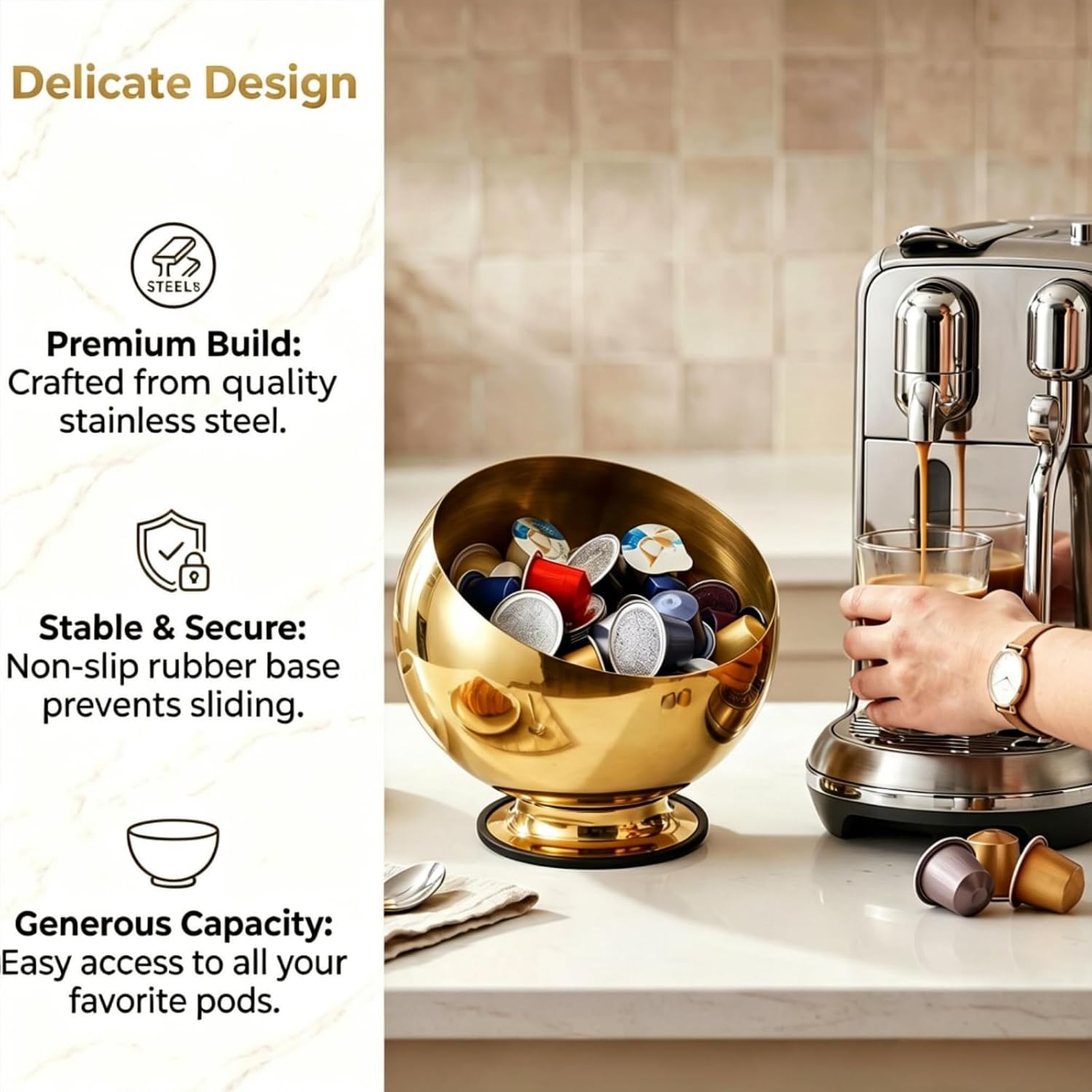 Covzoe Coffee Pod Holder, Large Capacity Metal Coffee Pods Storage with Non-Slip Rubber Base, Modern Creamer Holder Candy Bowl Organizer for Coffee Bar Kitchen Office Countertop