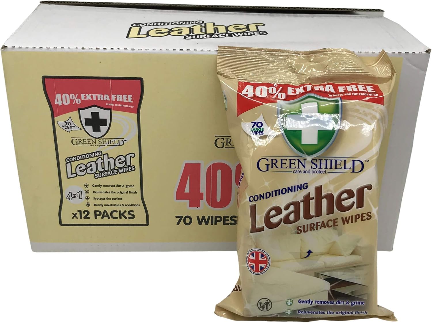 Green Shield Leather Surface Cleaning Wipes 12x 70 Packs Car Leather