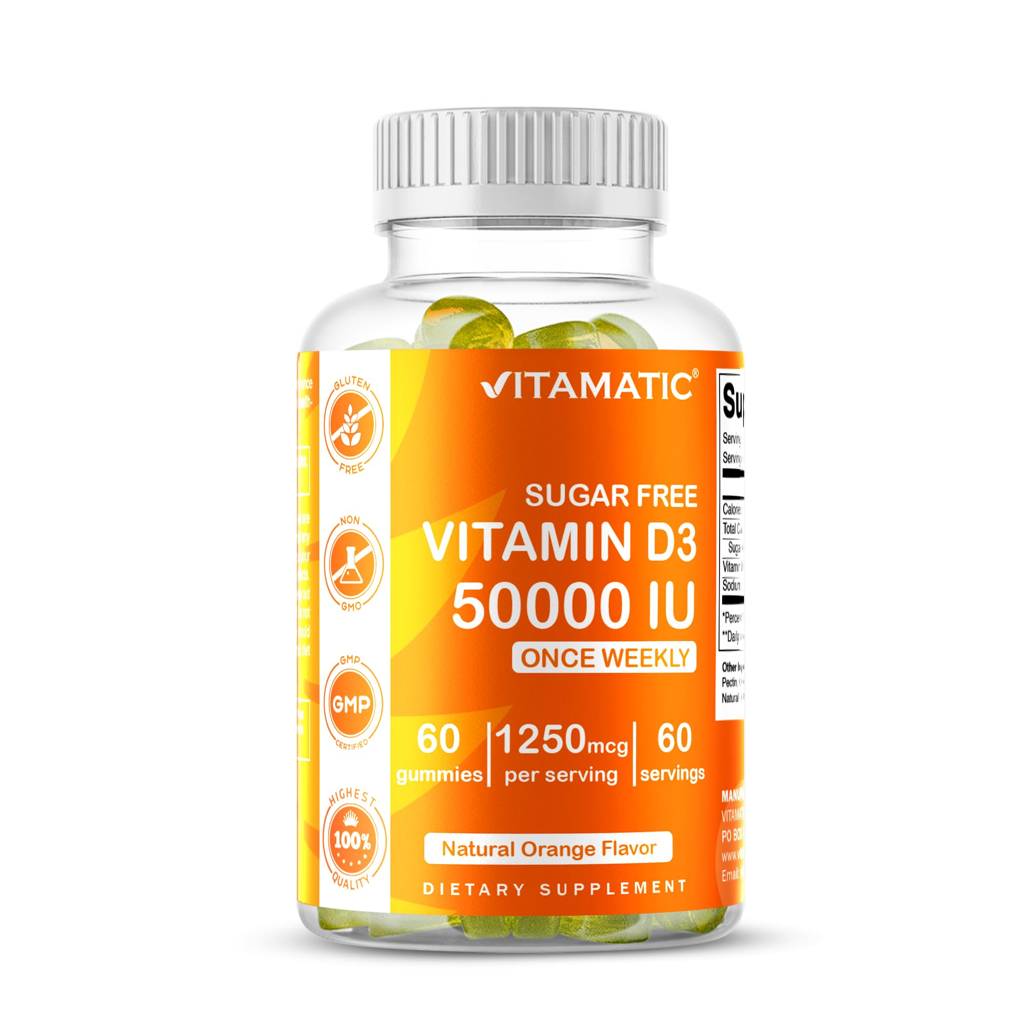 Vitamatic Sugar Free Vitamin D3 50,000 IU Weekly Supplement – 60 Pectin-Based Gummies High-Potency Vitamin D for Bone, Teeth & Immune Support