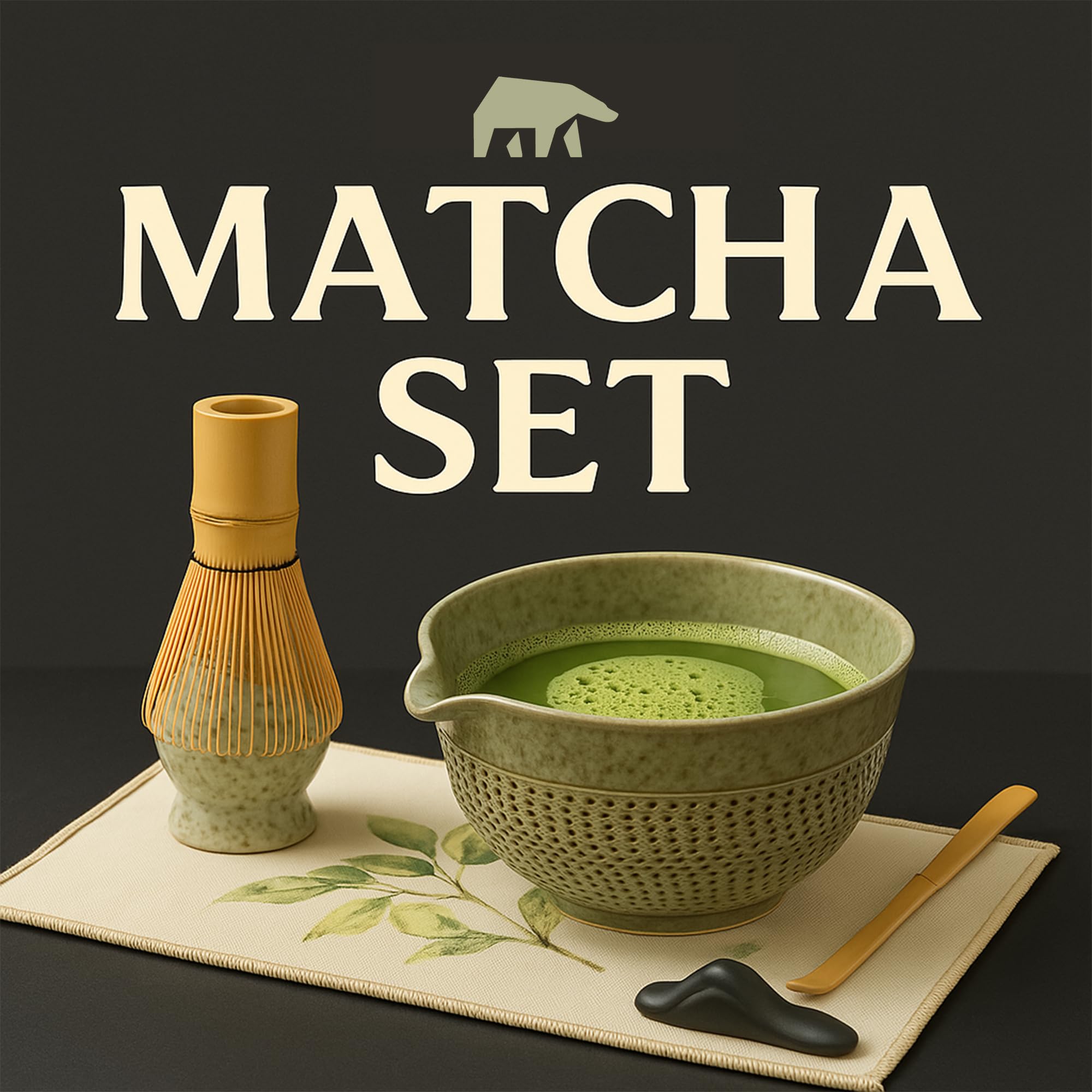 Matcha Set 7-teilig – Premium Tee Set mit Keramik Matcha Schale, Bambus Schneebesen (Chasen), Sieb & Löffel – Japanisches Matcha Zubehör Geschenkset (Green)