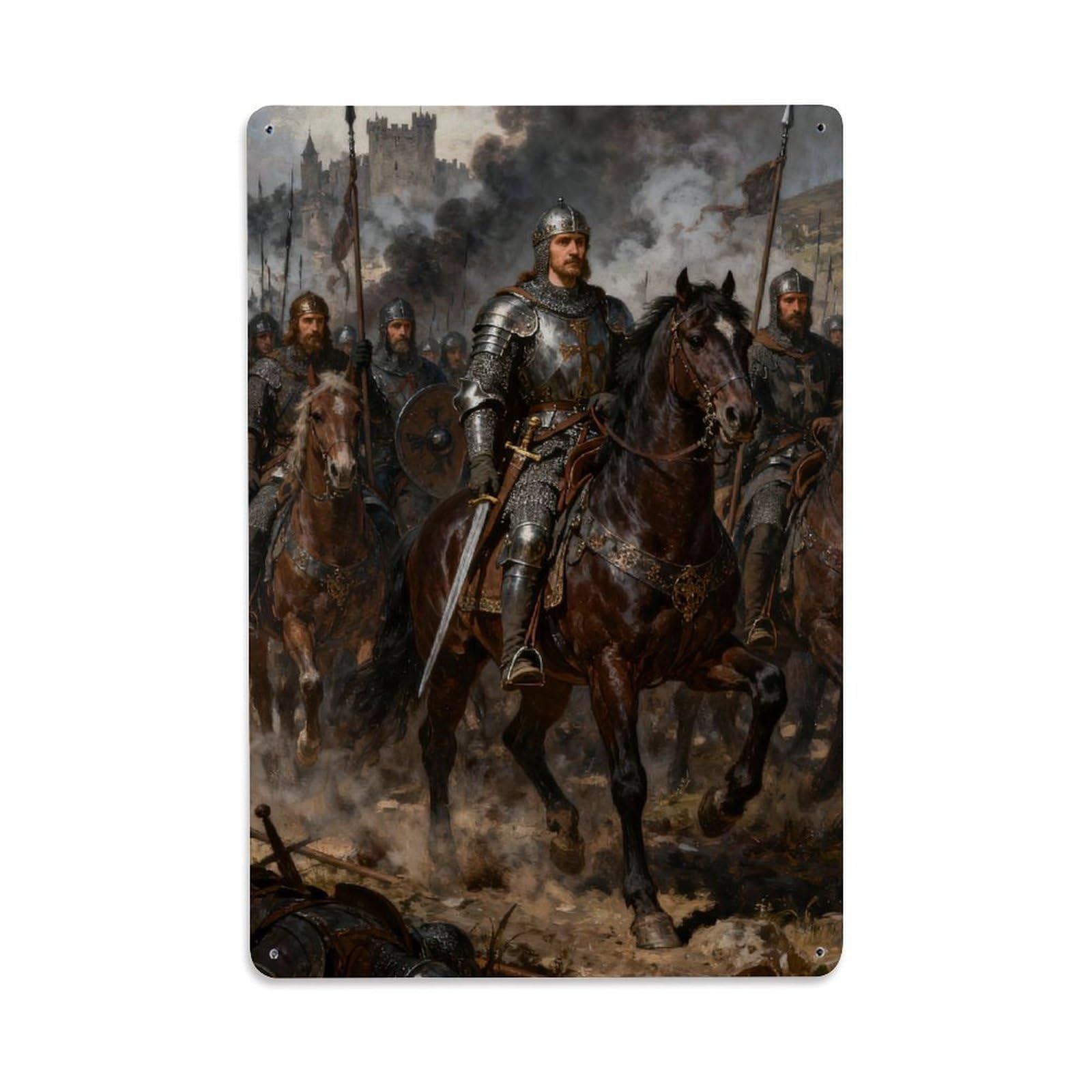 Crusader Battle Temple Medieval Templar Knight Aesthetic Metal Tin Sign Plaque Wall Decor for Cafe, Man Cave, Club Bar, Office, Home Garden Round Metal Poster 8x12Inch