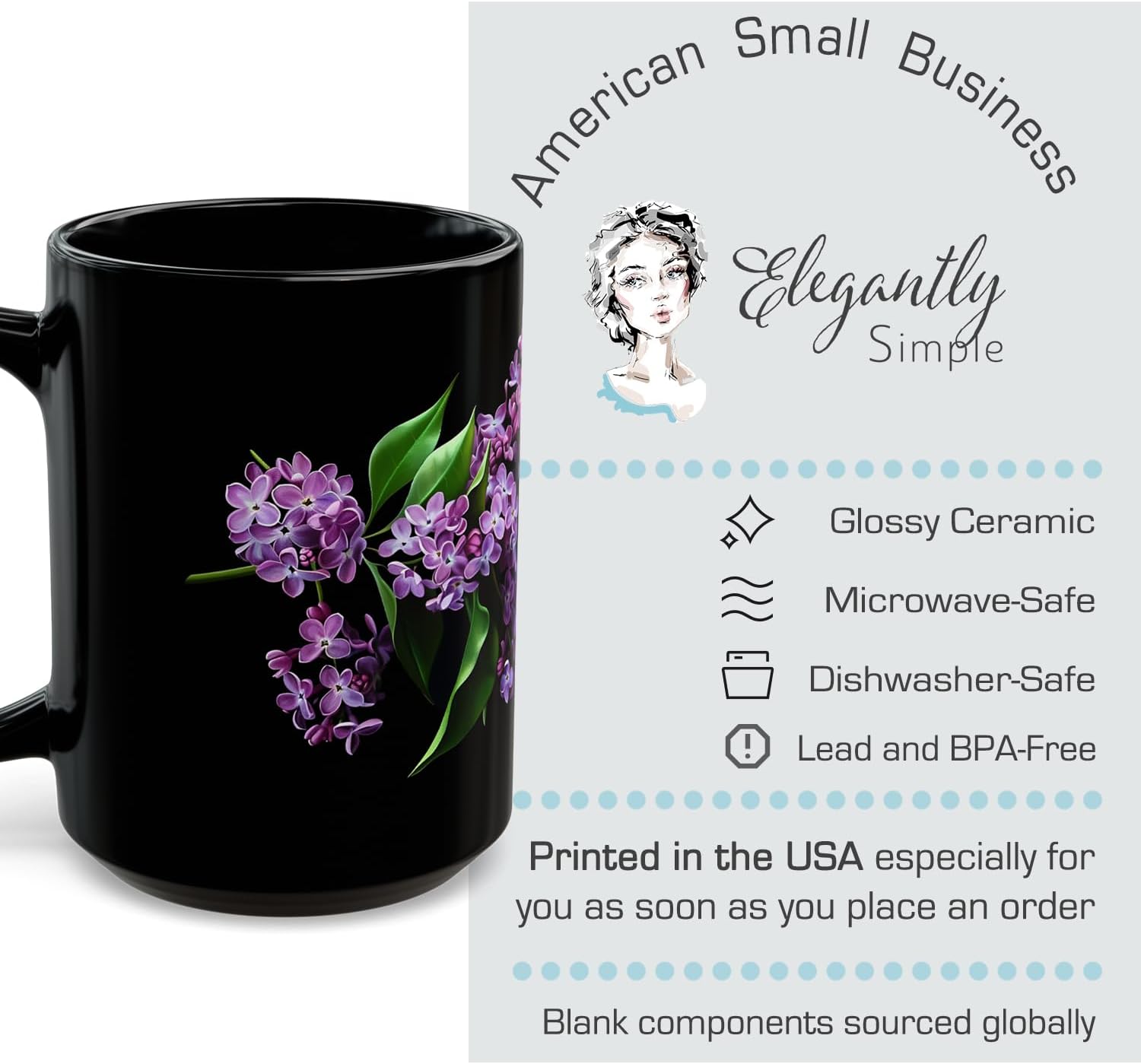ElegantlySimple - Made in The USA - Purple Blooming Lilacs Coffee Mug, French Lilac Flowers Black Tea Cup