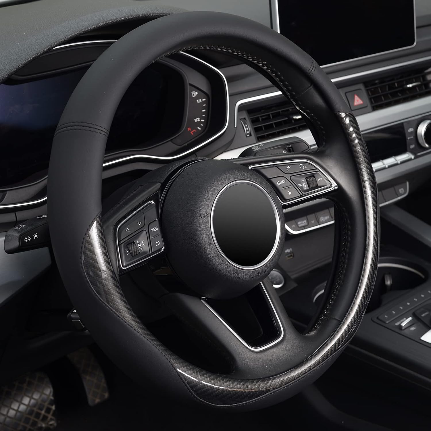 KAFEEK Carbon Fiber Steering Wheel Cover for Men, Universal 15 inch Leather Car Steering Wheel Cover, Anti-Slip & Breathable, Microfiber Leather Automotive Accessories, Sporty Design, Black