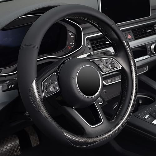 Miniatura 7 de KAFEEK Funda universal para volante de automóvil de 15 pulgadas, accesorios de cuero de microfibra de fibra de carbono negro, antideslizante