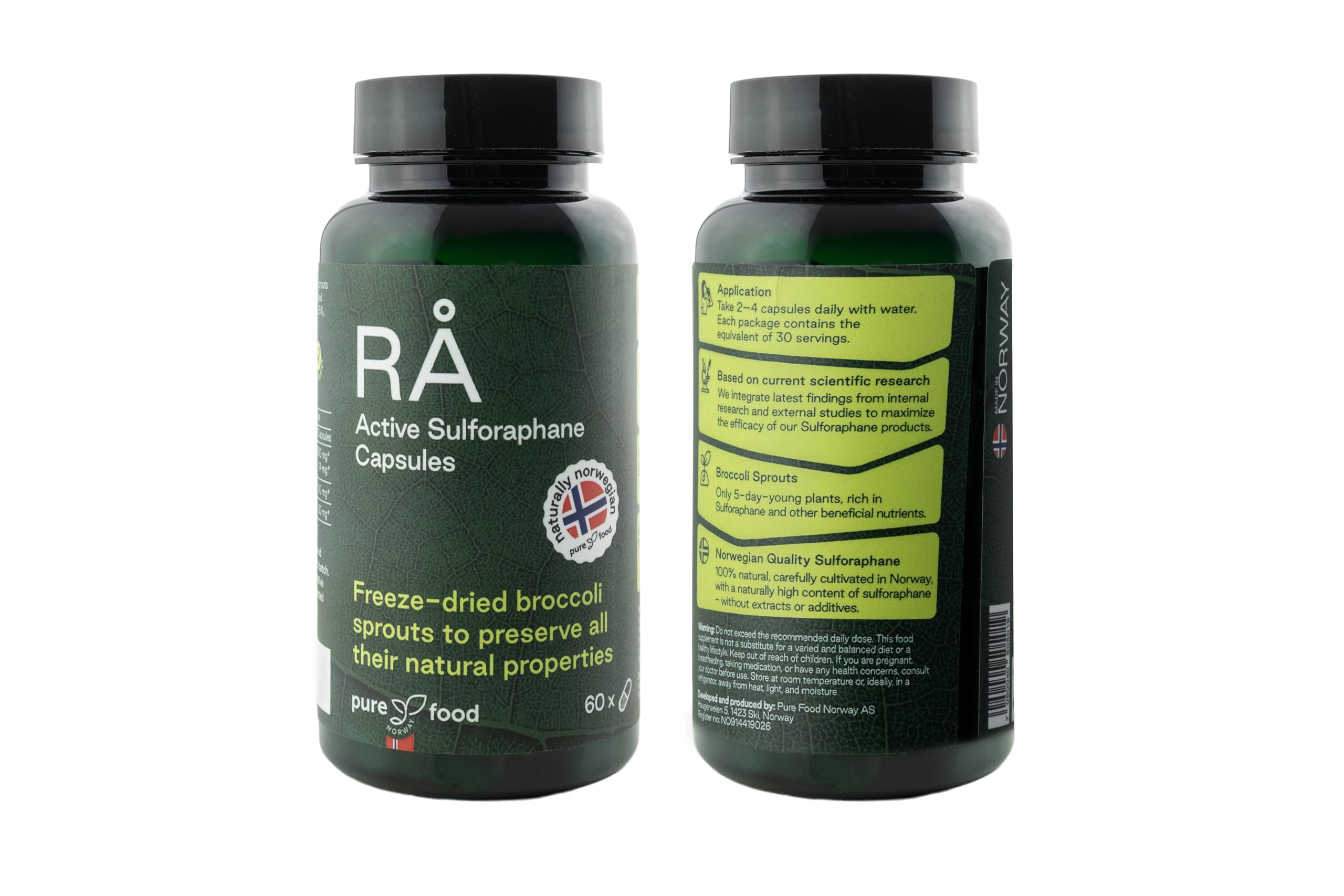 RÅ Aktive Sulforaphan Kapseln aus Norwegen- 28500 mg Gefriergetrocknete Brokkolisprossen - Kein Extrakt - Aktive Vollspektrum Brokkoli Kapseln, 60 Kapseln - Pure Food Norway