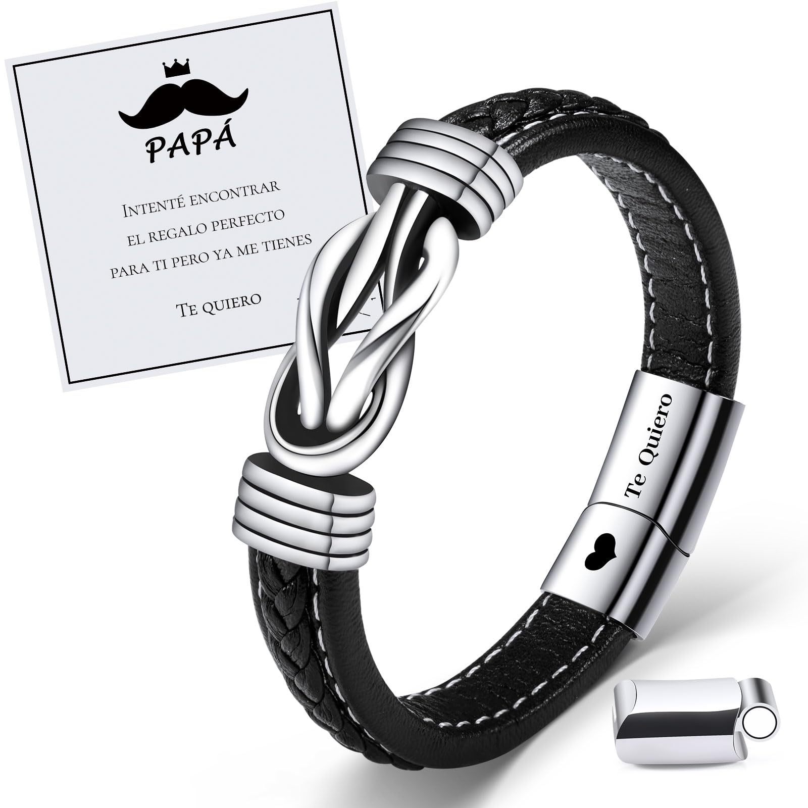 VU100Pulsera Papá Regalo para Papá Regalo del Día del Padre para Papá Pulsera de cuero de los hombres Dame el Mejor Papá Te Quiero Pulsera Regalo de Cumpleaños para Hombres Papá (Plata/Negro)