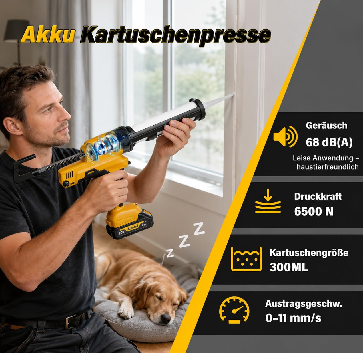 Akku Silikonpistole 6500N mit 6 Geschwindigkeiten für 300ml Kartuschen | 2×2.0Ah Akkus inklusive, kompatibel mit Makita 18V Akkus, ideal für Silikon, Kleber und Dichtstoffe