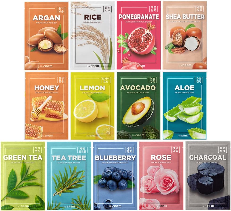 THESAEM Natural Sheet Mask Pack Set 13 Sheets - Korean Face Mask Variety Pack - Moisturizing, Revitalizing, Soothing, Elasticity - Vegan Sheet Essence Masks for All Skin Types