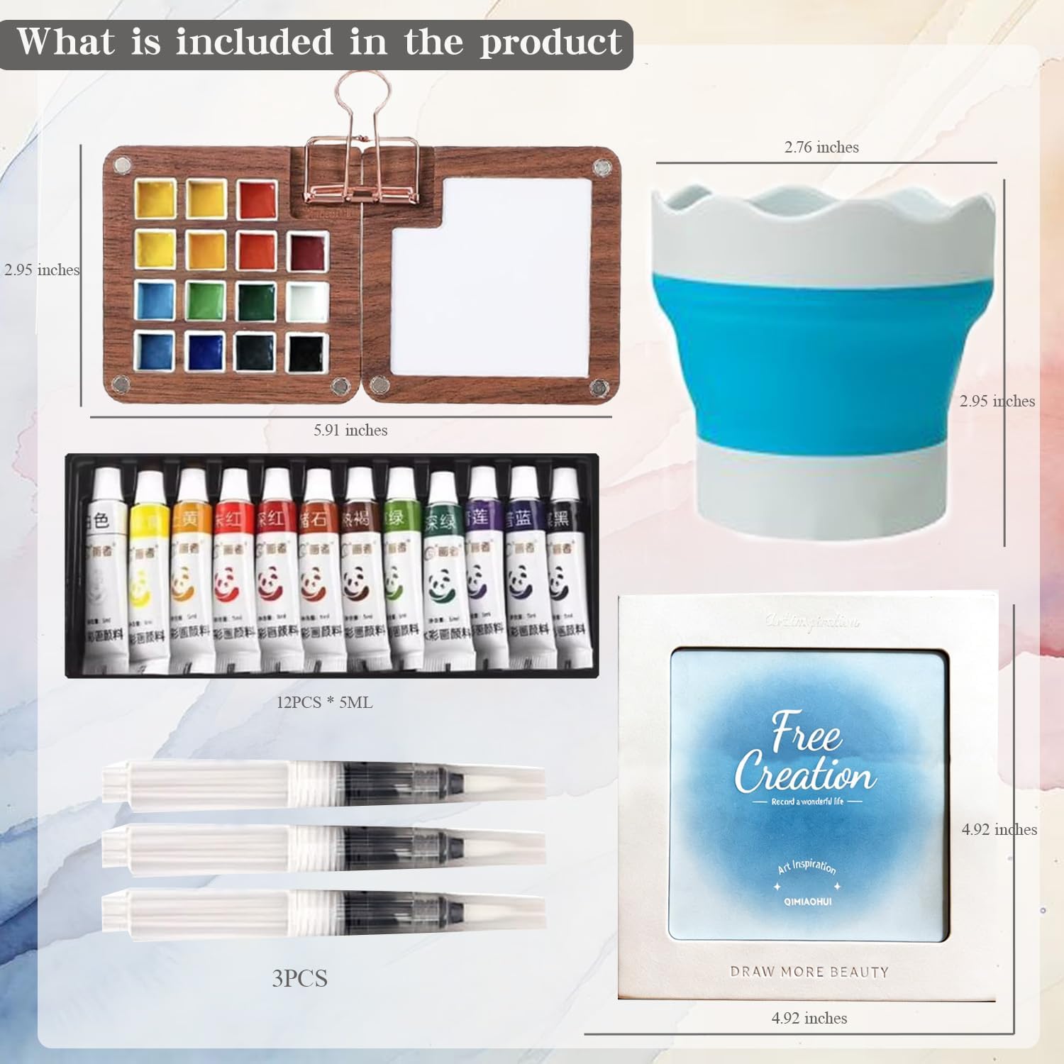 Mini Watercolor Paint Set with 15 Grid Travel Portable Palette Pocket Artists Wooden Grid Paint Box for Kids Painters Students, 12 Colors