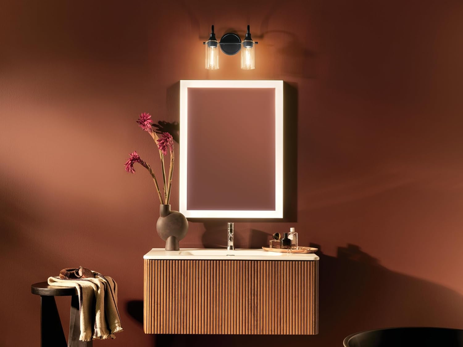 Kichler Kavi 2-Light Bathroom Vanity Light Fixture with Clear Glass in Black, Modern Wall Mount Light for Over Mirror Powder Room, Damp Rated (12.5" W x 10" H), 55210BK