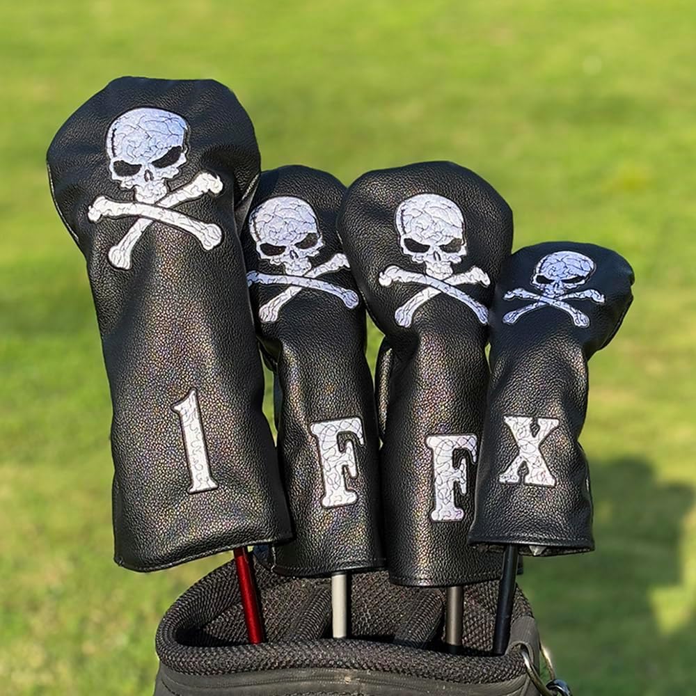 Golf Skull Skeleton Head Cover Golf Club Black Leather Headcovers Set Fits Driver Fairway Wood Hybrid Utility Putter Iron Wedge Headcover.
