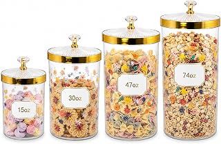 4 Pack Clear Plastic Storage Jars with Lids, Decorative Floral Kitchen Canisters, Gold-Tone Lid Containers for Pasta, Cereal, Snacks, Candy, Cookies, Pantry Organization (4pcs15oz,30oz,47oz,74oz)