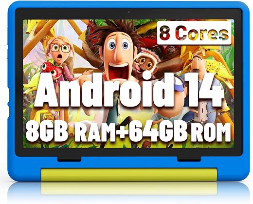 Jeazans Kids Tablet | Android 14 Upgraded 10 Inch with Protective Case | Eight Cores | 64GB | 1TB Expandable TF Card | Dua...