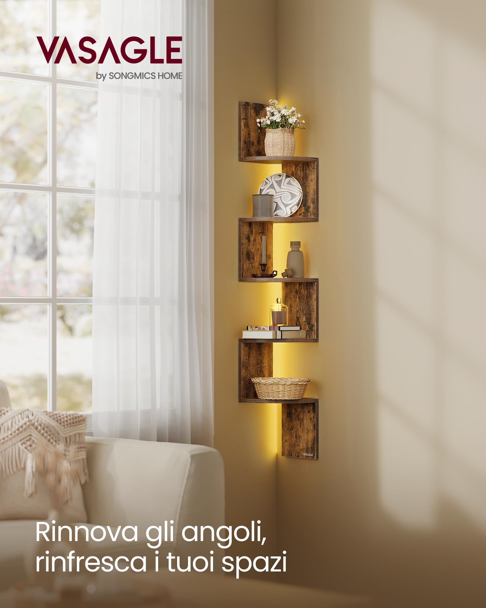 VASAGLE CUSTOS Collezione - Mensola Angolare da Parete con Luci LED RGB, Libreria Galleggiante a 5 Ripiani, per Piante, Bagno, Ufficio, Pulsante e Telecomando, Marrone Vintage LBC630K01