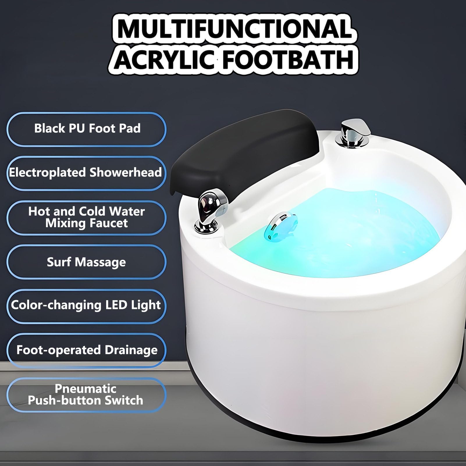 Vasca da Bagno per Pediluvio in Acrilico, Vaschetta per Pedicure e Spa Plantare, con Funzione Idromassaggio e Luci Colorate, Temperatura dell'Acqua Regolabile (Calda/Fredda)