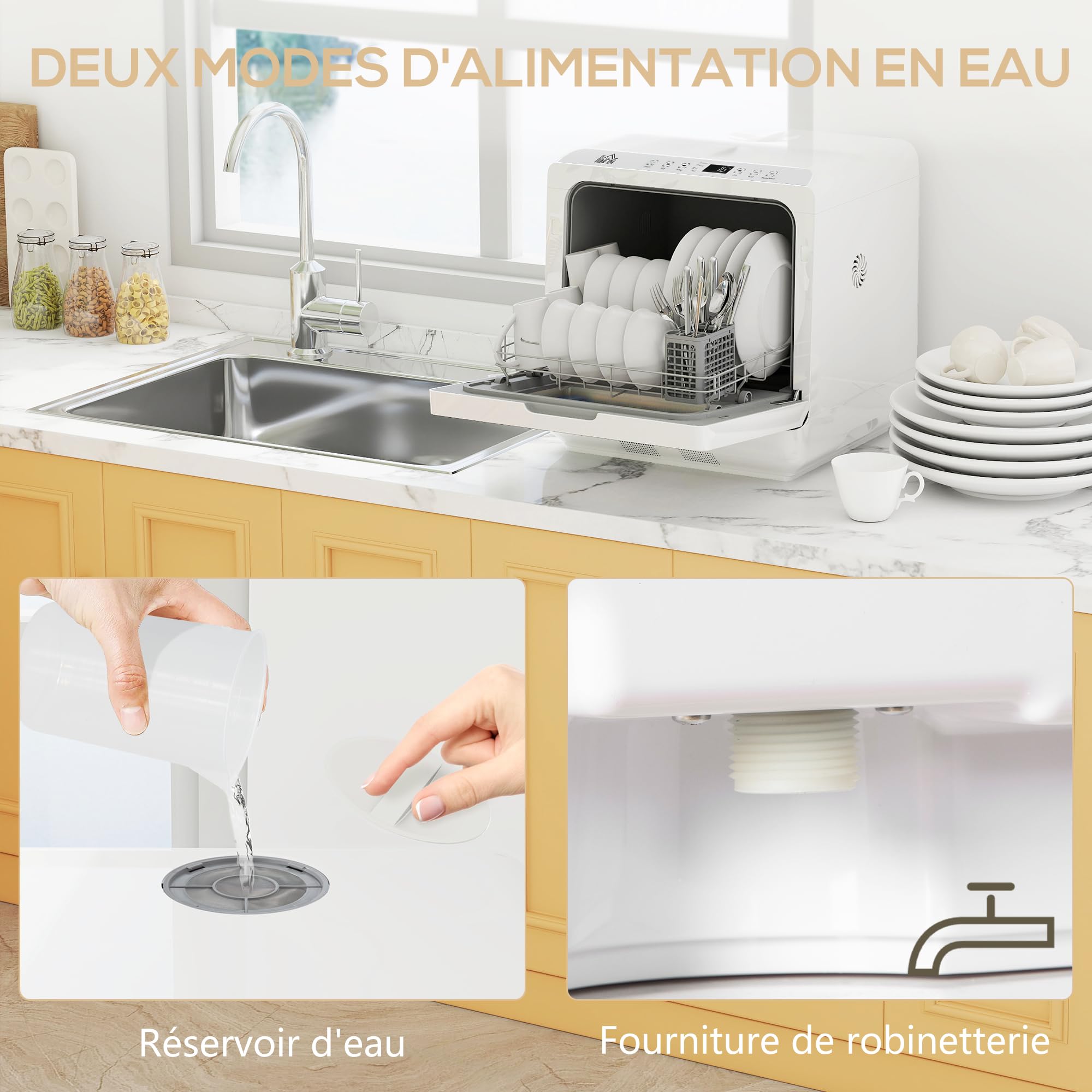 HOMCOM Mini lavavajillas 4 cubiertos, lavavajillas de mesa, 5 programas, doble suministro de agua, lavado de frutas, tanque de agua 6L, control táctil, pantalla LED, inicio retrasado, blanco
