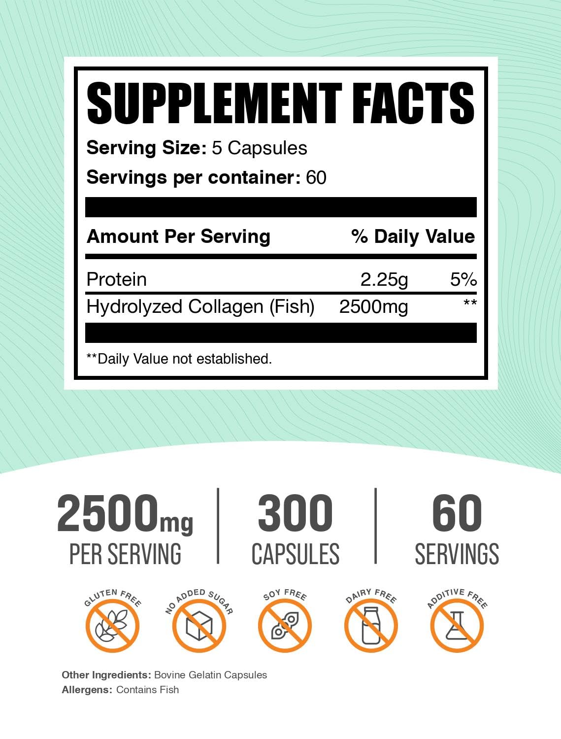 BulkSupplements.com Marine Collagen Capsules - Fish Collagen Supplement, Collagen for Women & Men - Hydrolyzed Collagen, Gluten Free, 5 Capsules per Serving, 300 Capsules (Pack of 1) — Amazon image 2