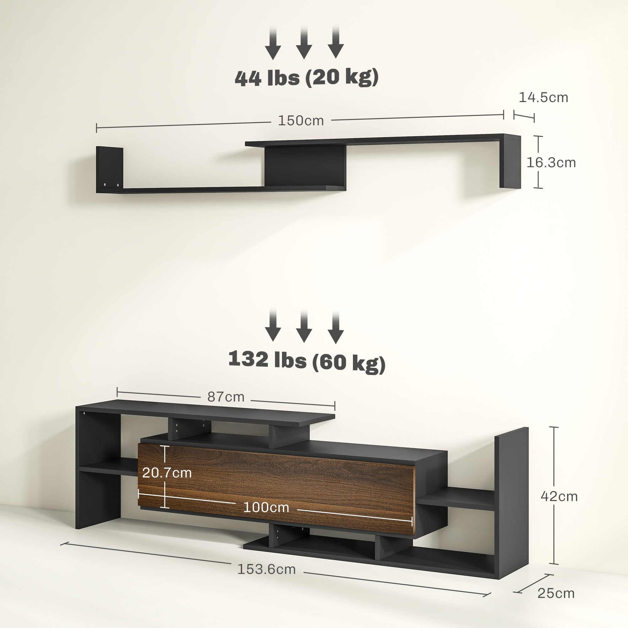 HOMCOM Mobile TV con Mensola a Muro, Ripiani Aperti e Armadietto in Legno, Mobile TV Moderno per Soggiorno e Camera da Letto, Nero e Marrone