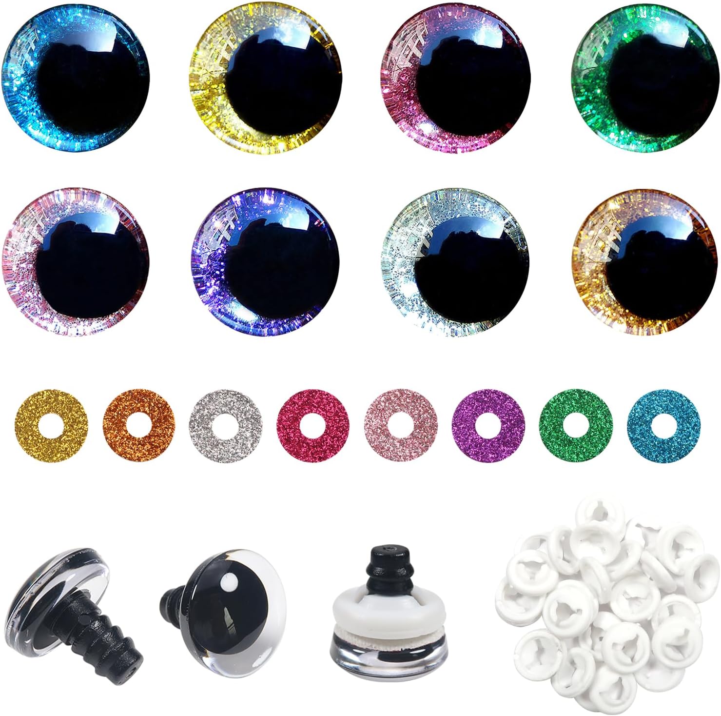 TOAOB 48 Set Glitter Safety Eyes for Amigurumis 20mm Round Crochet Eyes with Washers 8 Colors for DIY Puppet Stuffed Doll Animals Making