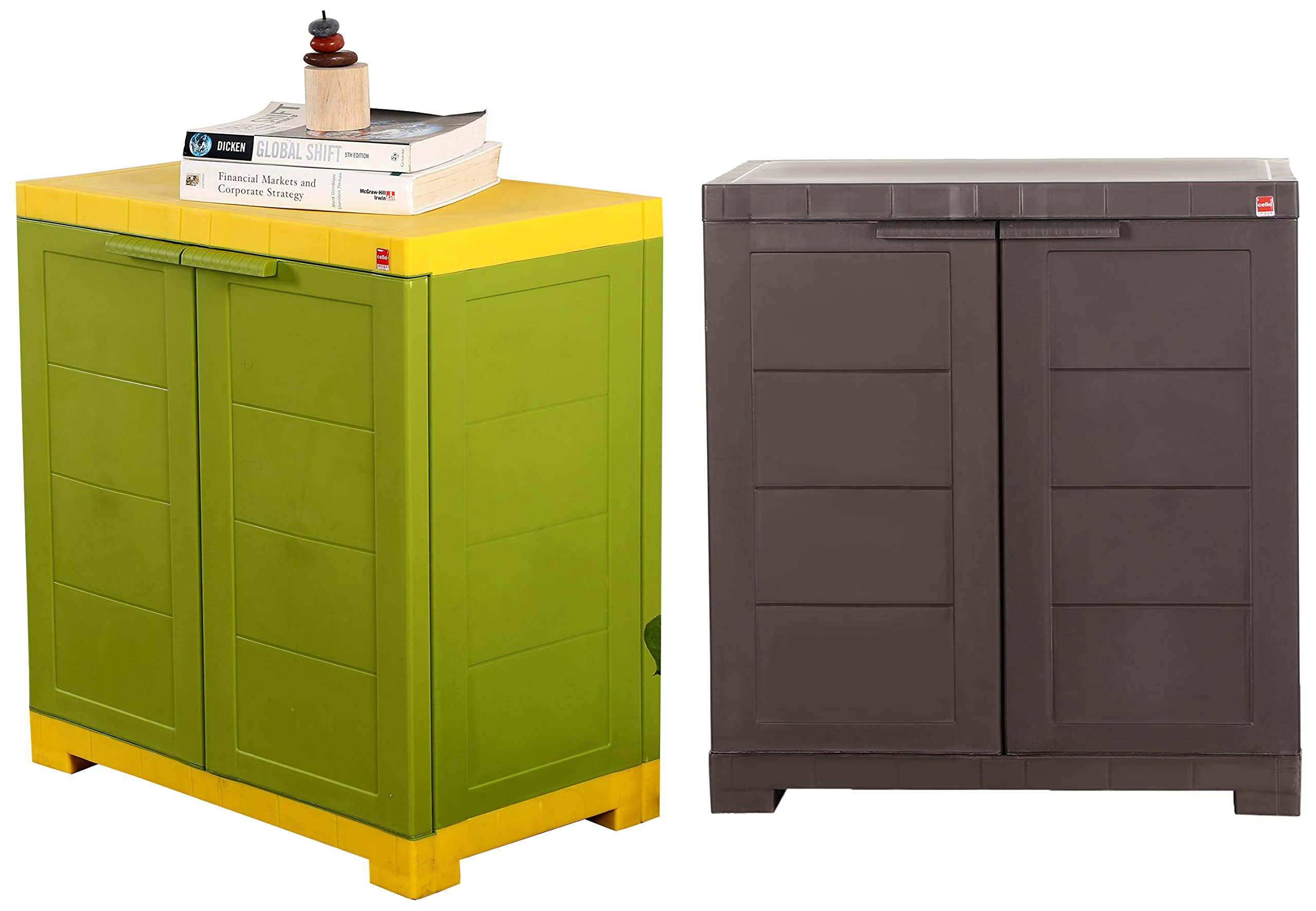 Cello Novelty Compact Plastic 2 Door Cupboard with Shelf(Brown) & Novelty Plastic 2 Door Compact Storage Cupboard (Green and Yellow)