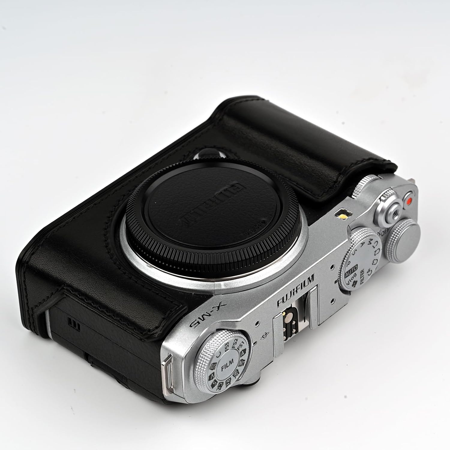 Handmade Genuine Leather Camera Half Case for Fujifilm X-M5/Fujifilm X-M5 Camera Case/Fujifilm X-M5 Case - Top Layer Cowhide Body + Metal Base Plate (Jet Black)