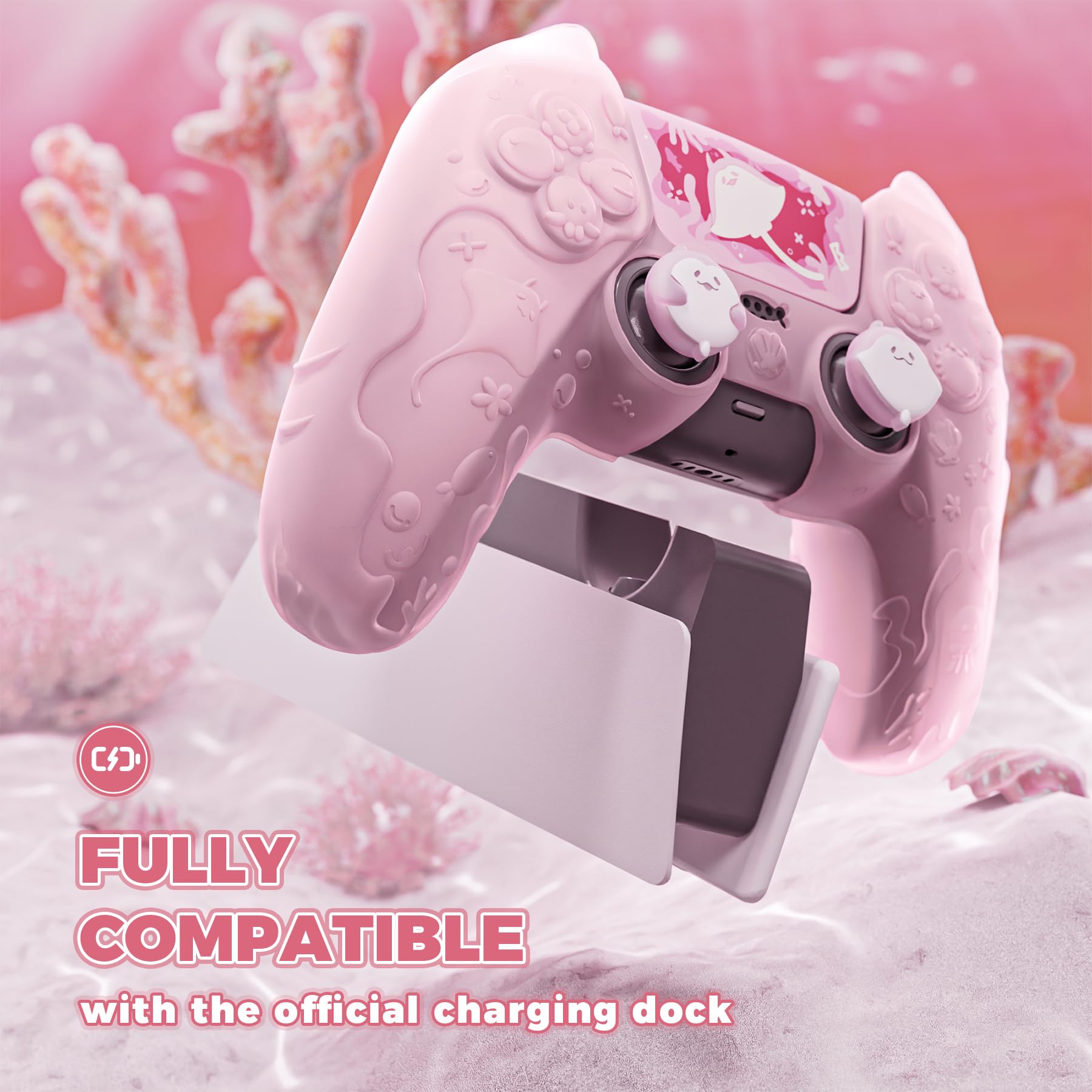 PlayVital Funda de Silicona Semitransparente para ps5 Mando - Serie Cute Ocean Whisper, Carcasa Protectora con Tapas para Joysticks y Pegatina, Compatible con Base de Carga (Rosa Melocotón)