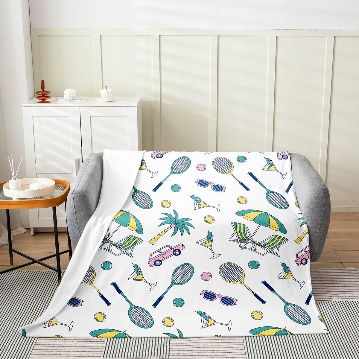 Castle Fairy Beach Tennis Flannel Blankets,Sunglasses Cocktail Fleece Blanket,Kids Girls Boys Adult Retro Tropical Coast Fuzzy Blankets Fashion Sports Sherpa Blanket Chair Sofa Bed Decor,30"×40" image 3