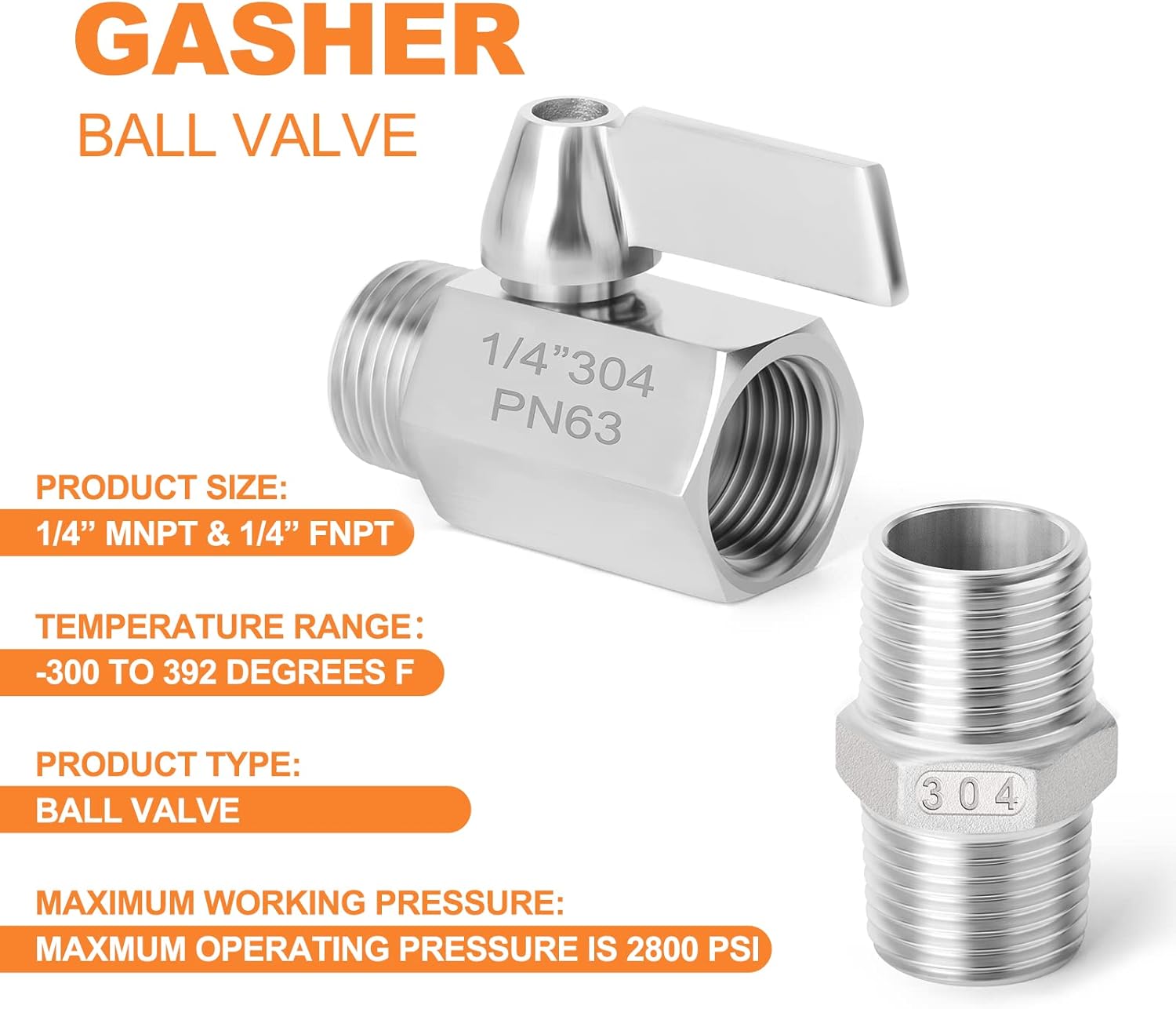 GASHER 4Pcs 304 Stainless Steel Ball Valve Set NPT Thread (1/4" Female&Male) with Stainless Steel Handle : Industrial & Scientific