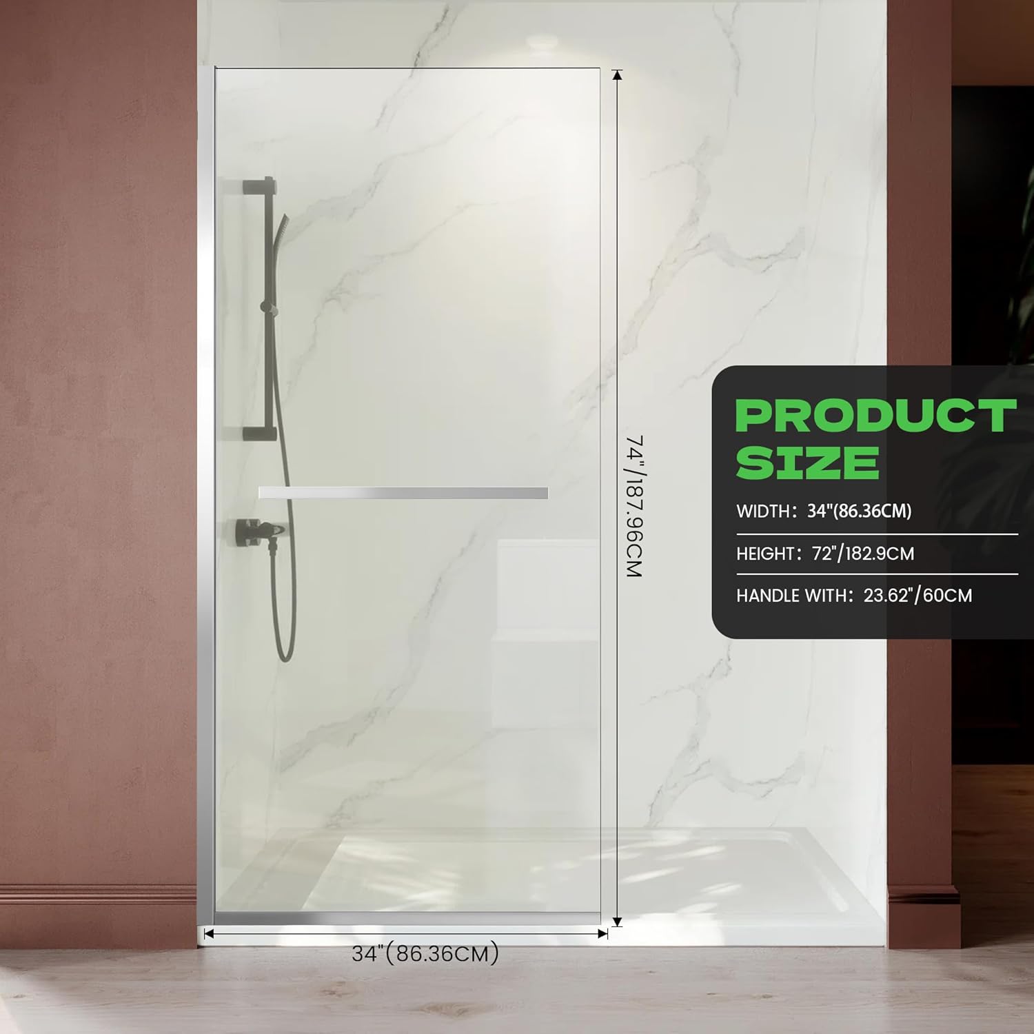 Shower Glass Door 34W*74H Inch, Bathroom Semi-Framed Fixed Shower Glass Panel Door, 5/16"(8MM) Thick Clear Tempered Glass with Handle(Towel Holder), Chrome