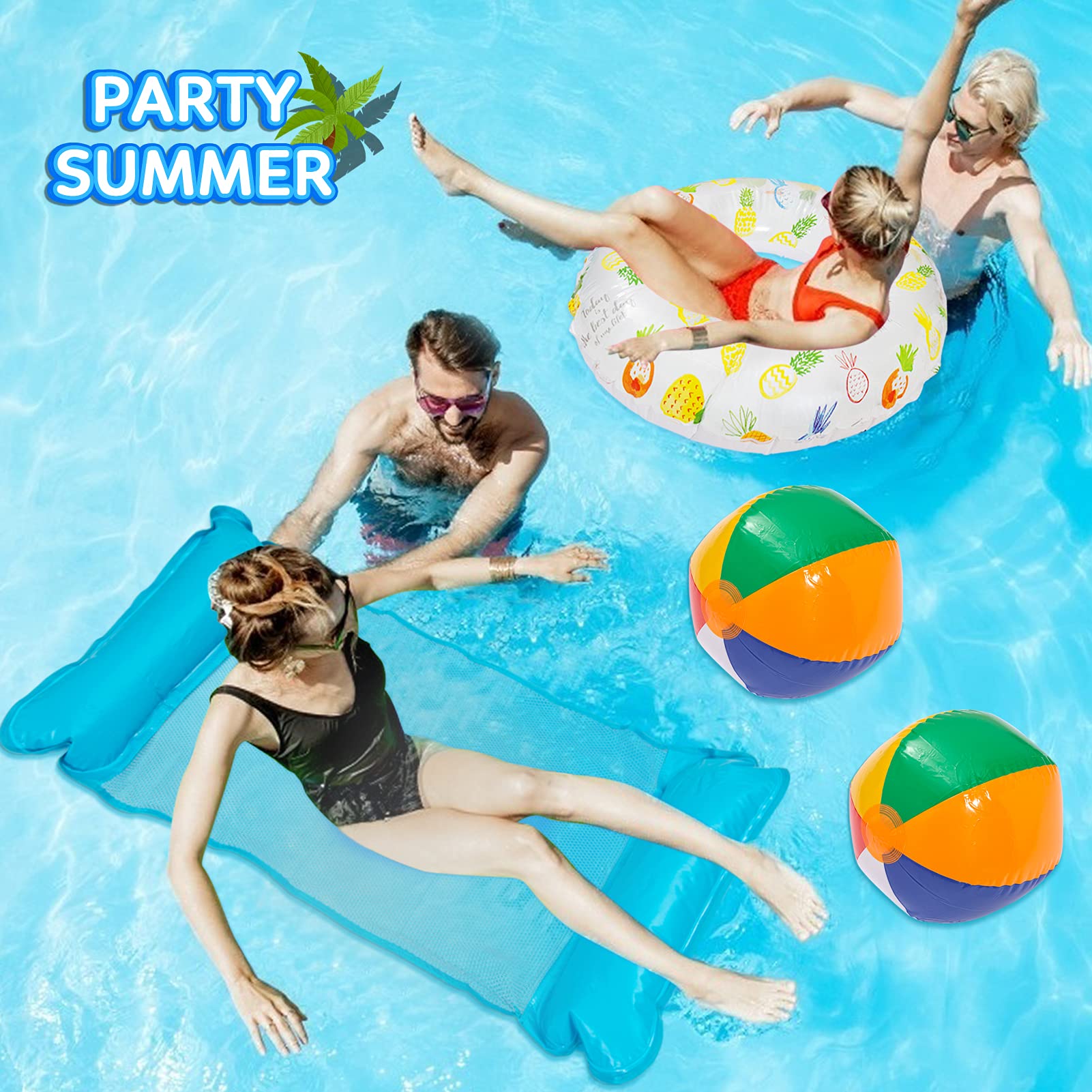 4PCS Inflatable Pool Floats for Kids/Adults,1PCS Swimming Pool Float  Hammock,1PCS Inflatable Swim Tube Ring and 2PCS Beach Balls,Inflatable Pool  Toys
