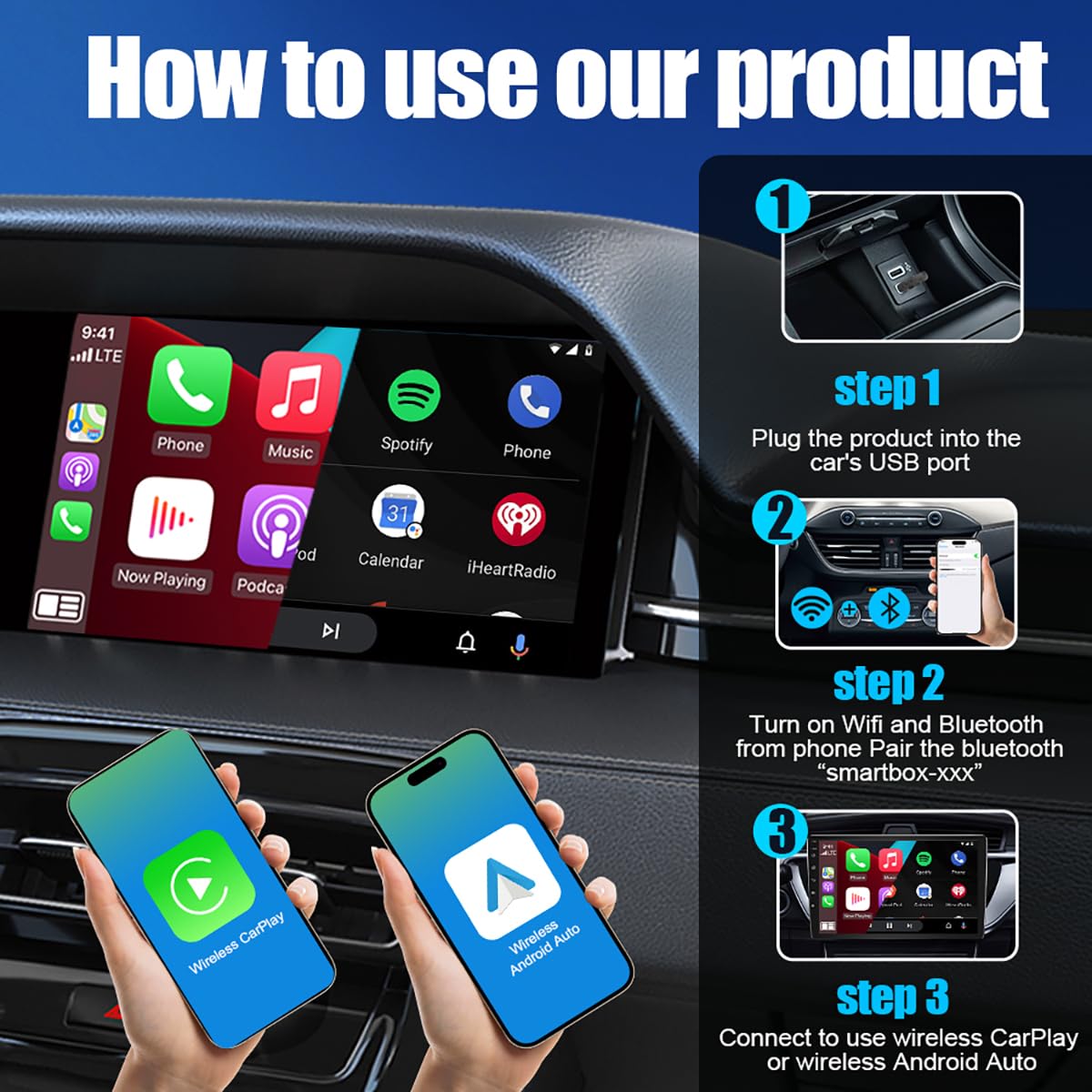 Adaptateur CarPlay sans Fil 2 en 1 Adaptateur de Diffusion sans Fil pour Voiture Contrôle Plug-and-Play Compatible avec Les appareils Android et Apple Convient aux modèles à partir de 2017