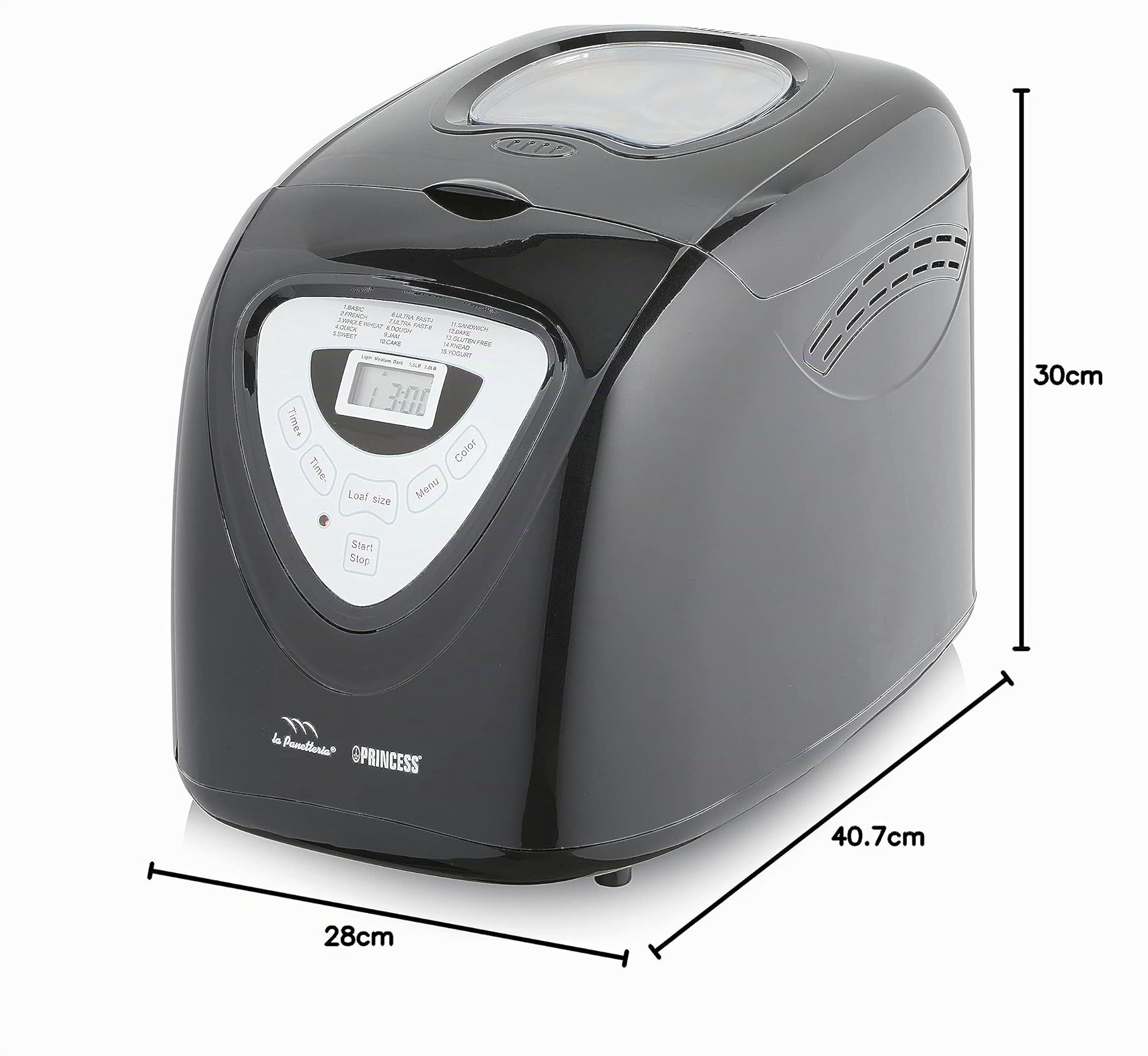 Princess Macchina Per Il Pane Black, 600 Watt, Grande Capienza 0.9 Kg, 15 Programmi Di Cottura, Modalità Senza Glutine, Ottima Per Intolleranze, Allergie O Diete Speciali, Cuoci Pane E Dolci, Nero