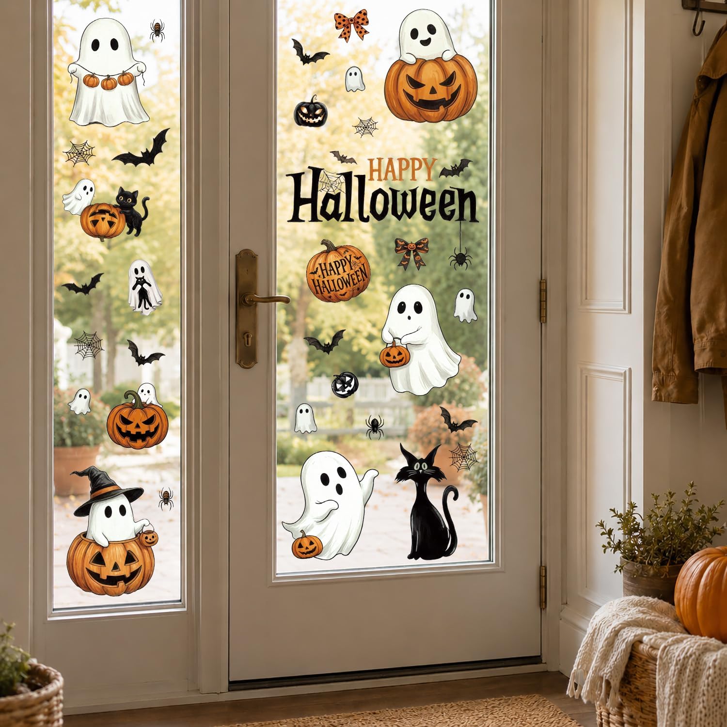 Vintage Halloween Window Clings Retro Ghost Pumpkin Black Cat Halloween Window Stickers Cute Halloween Window Decorations Removable Halloween Window Decals for Home Party Decor