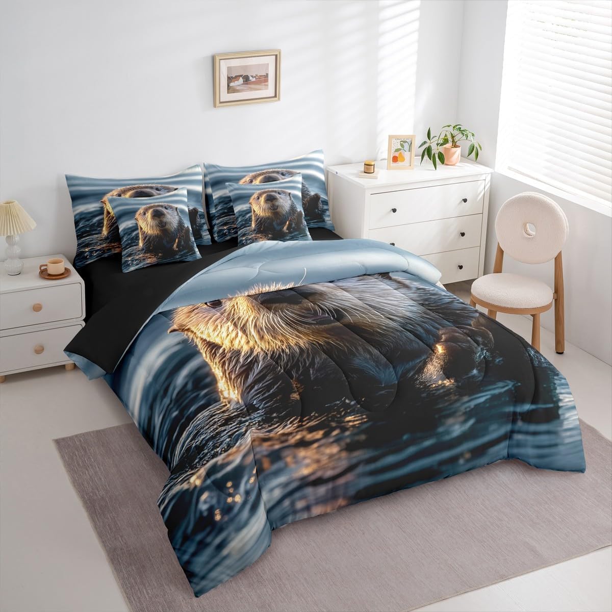 Erosebridal Cute Sea Otter 7 Piece Bedding Set Full Size,3D Sea Otters Comforter Set for Otter Lovers,Ocean Life Bed Sheets,Kawaii Sea Otter Quilt Set Bedroom Decor Soft Warm