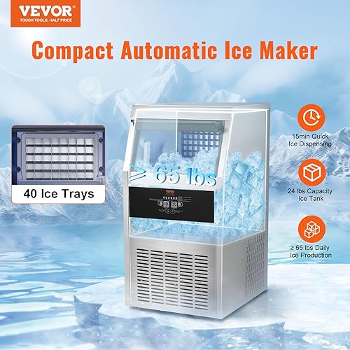 Miniatura 2 de VEVOR Máquina comercial para hacer hielo, máquina de hielo de 65 libras24 horas con contenedor de 24 libras, construcción de acero inoxidable,