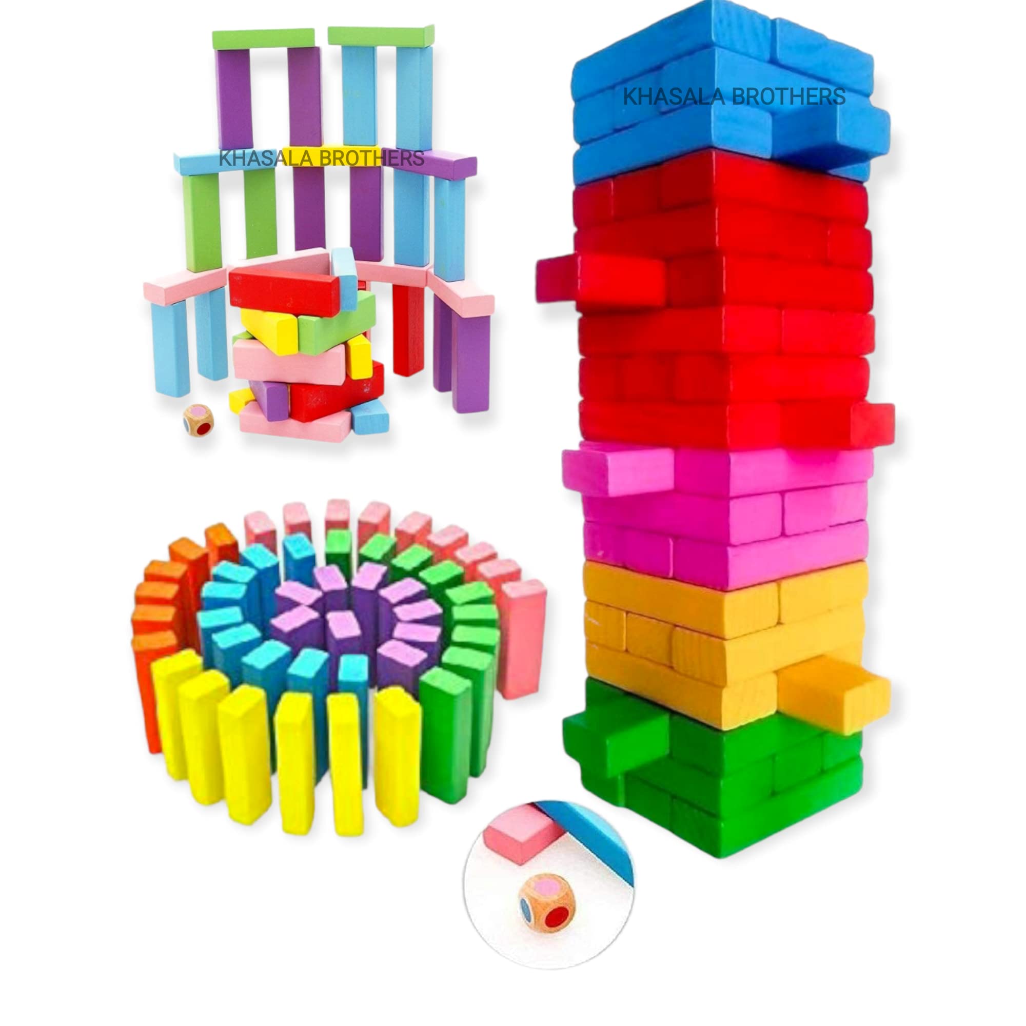 Khasala Brothers™ 54 Pcs Colorful Education Wooden Blocks Toy Set , Dices Board Educational Puzzle Game for Kids and Adults 54Pcs ( Multi-Color )